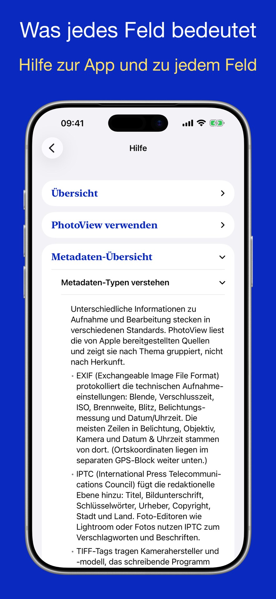 Die integrierte Hilfe erklärt, was jedes Metadatenfeld bedeutet